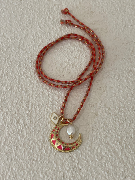 Coral crescent moon necklace tie on