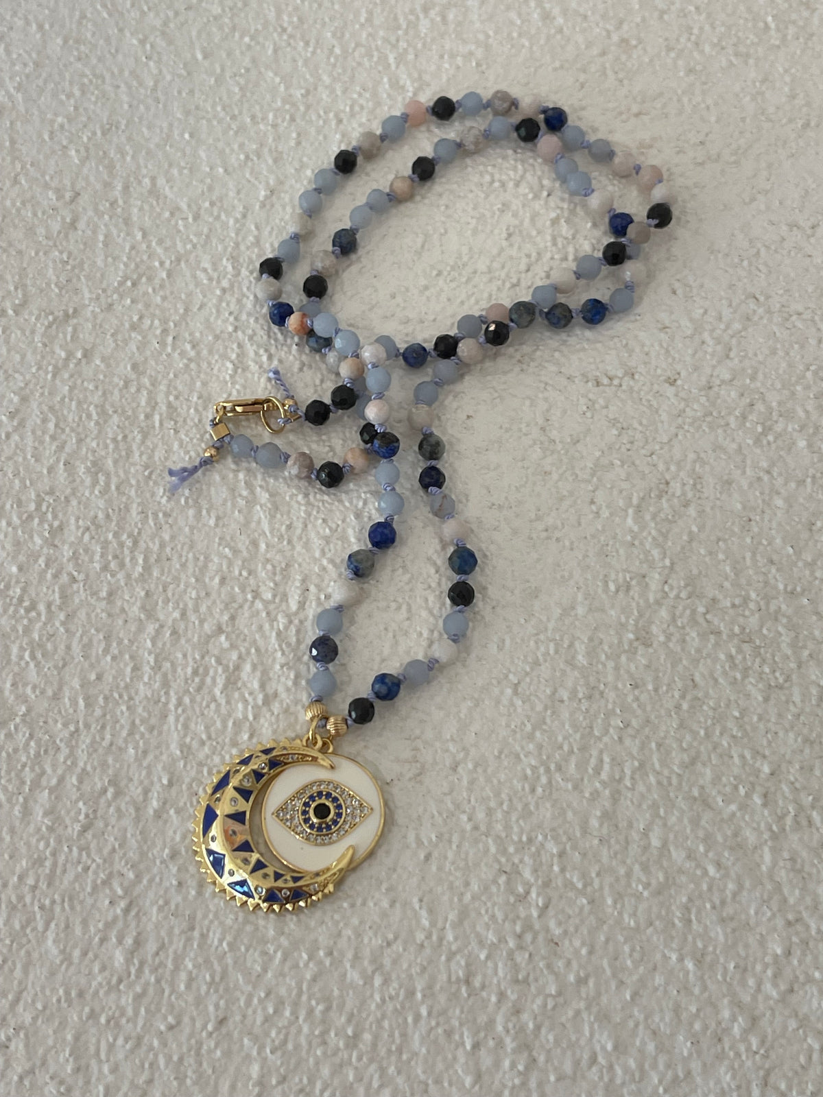 Crescent moon necklace hand tied agate