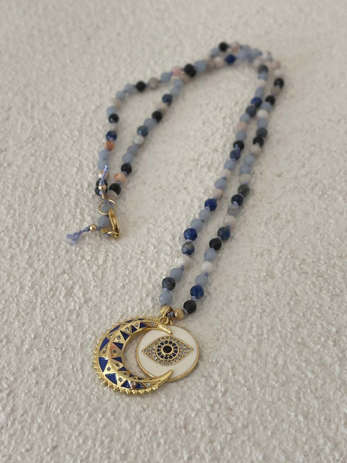 Crescent moon necklace hand tied agate