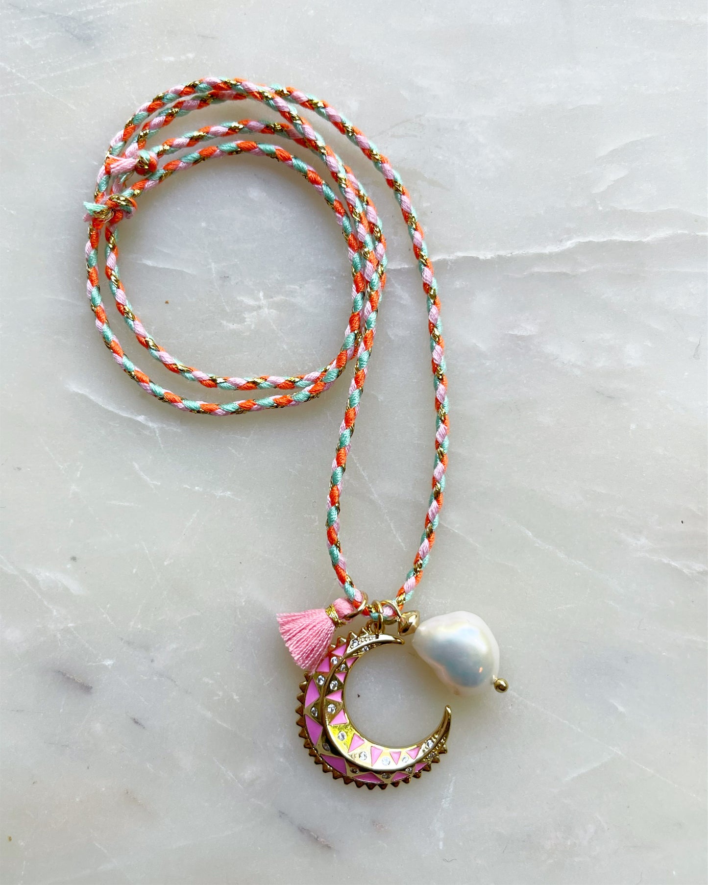 Pink Moon & Pearl Tie Necklace