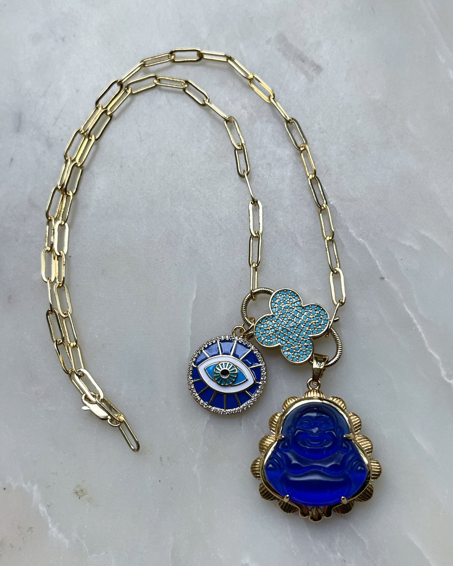 Electric Blue Cats Eye Buddha Necklace