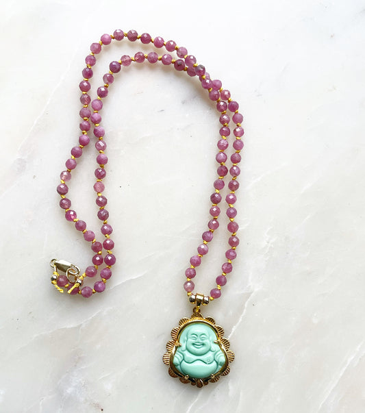 Pink Tourmaline necklace with Jade Buddha