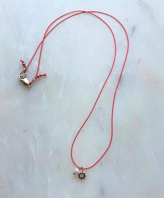 Tiny Pearl on Coral Silk Necklace