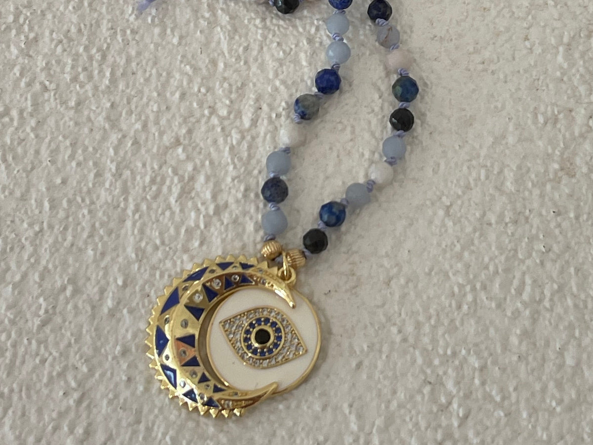 Crescent moon necklace hand tied agate