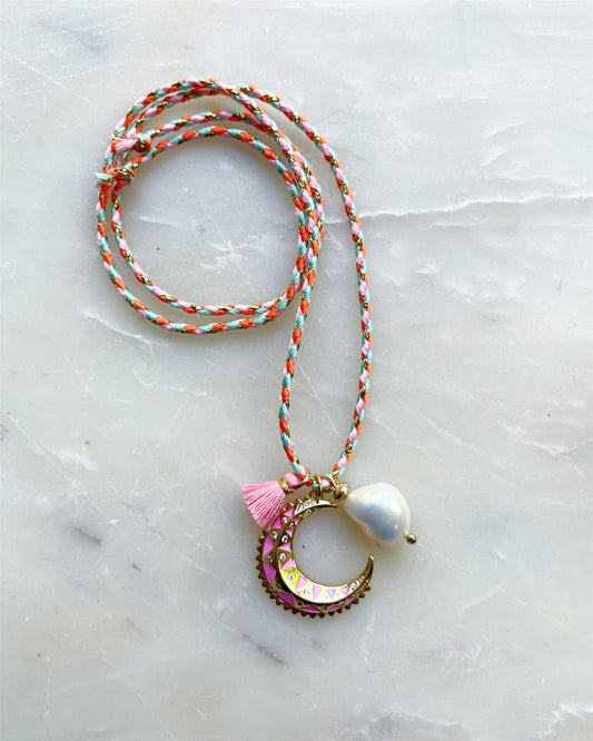 Pink Moon & Pearl Tie Necklace