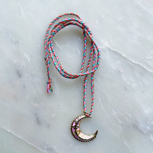 Crescent Moon Tie Necklace Pink