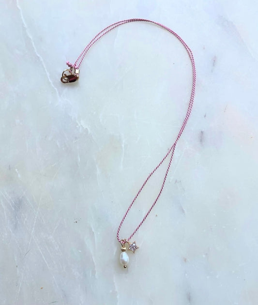 Tiny Pearl on pink Silk Necklace