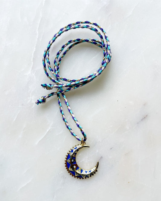 Crescent Moon Tie Necklace Dark Blue