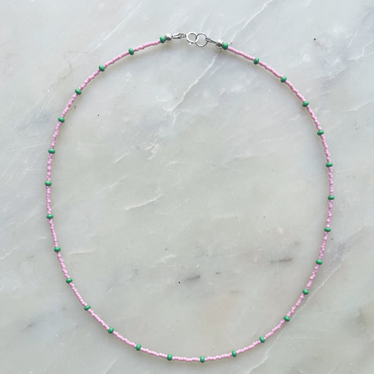 Pink and apple green satellite necklace