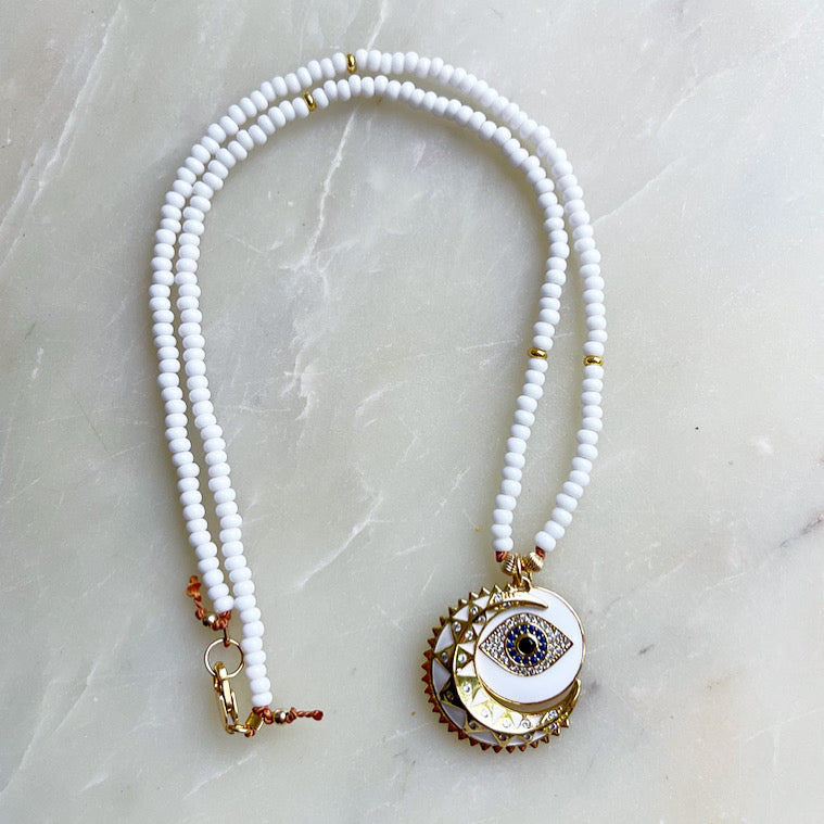 Crisp White Eye & Moon Necklace