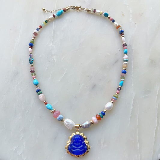 Semi Precious Stone Necklace with Vibrant Blue Buddha