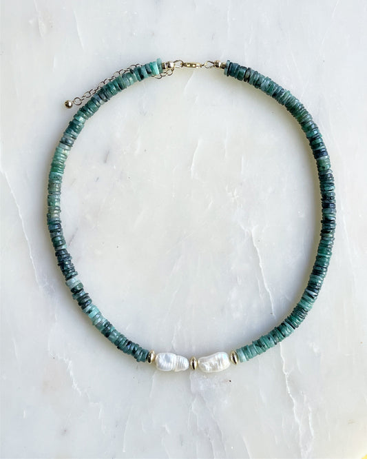 Natural Emerald Necklace with Gold Filled Beads and Freshwater Pearl