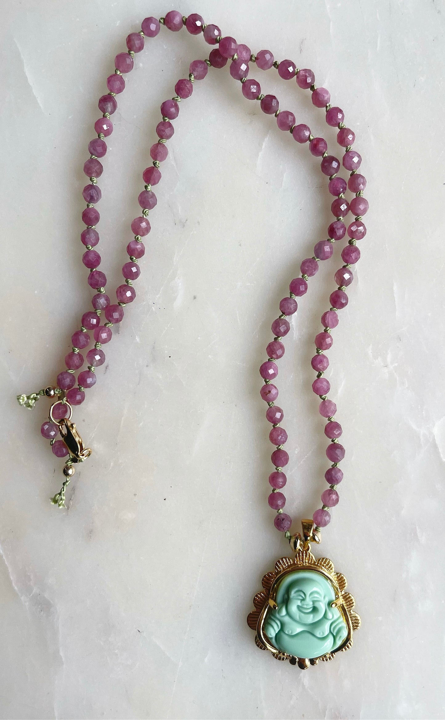 Pink Tourmaline with Jade Buddha