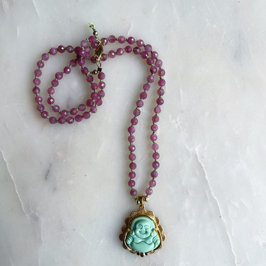 Pink Tourmaline with Jade Buddha