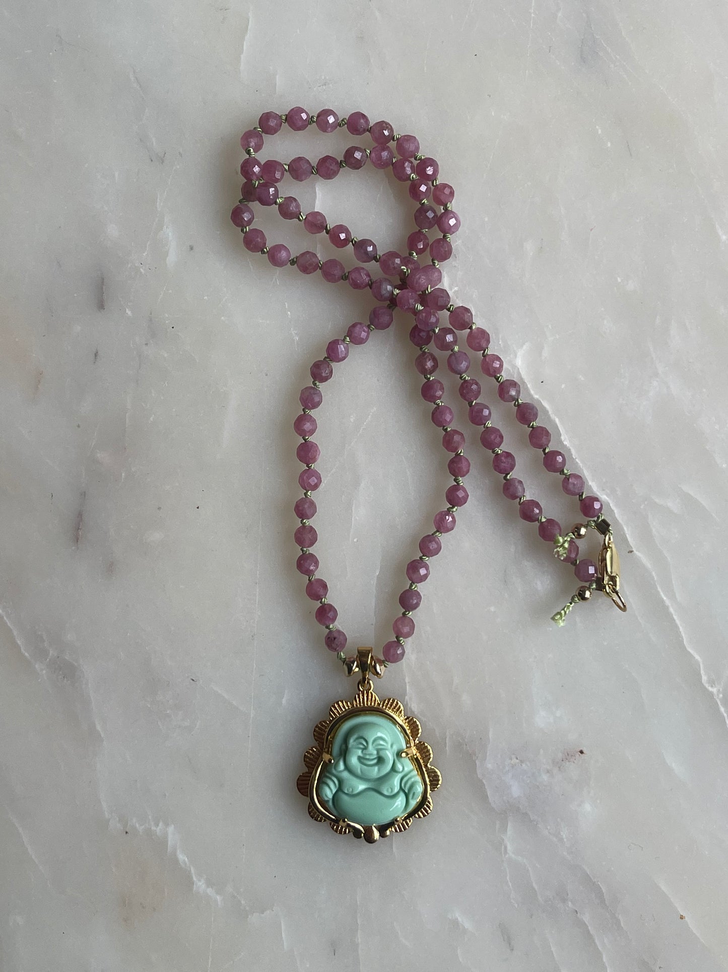 Pink Tourmaline with Jade Buddha